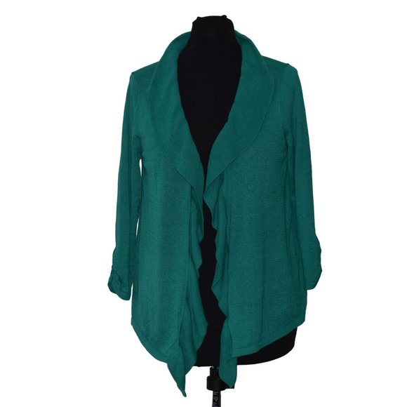 Chicos Fabulous Ruffle Cardigan Sweater Womens 12 Chicos 2 Green  3/4 Sleeve - Picture 1 of 8